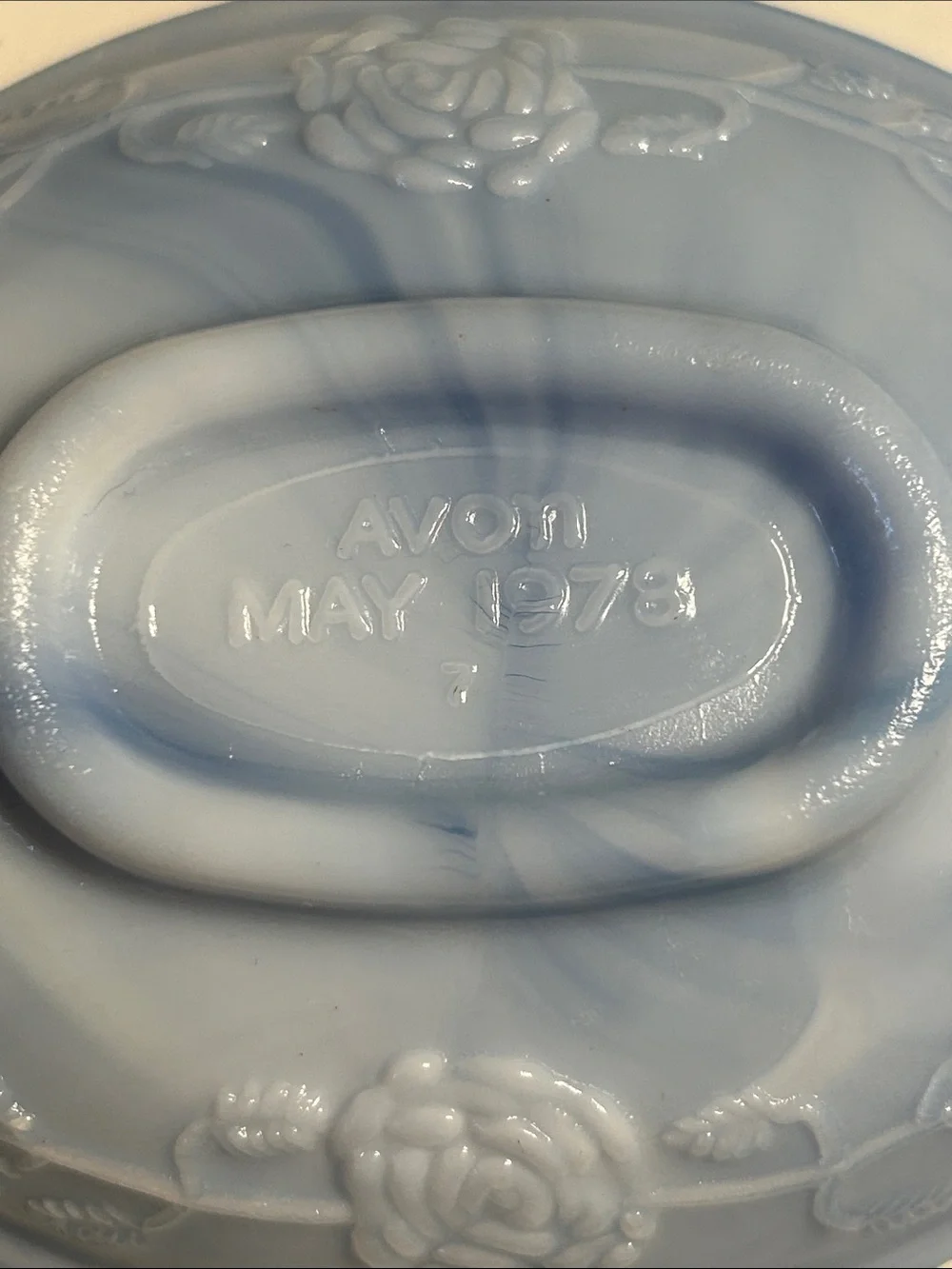 Vintage Avon Light Blue and White Marbled Glass Rose soap dish